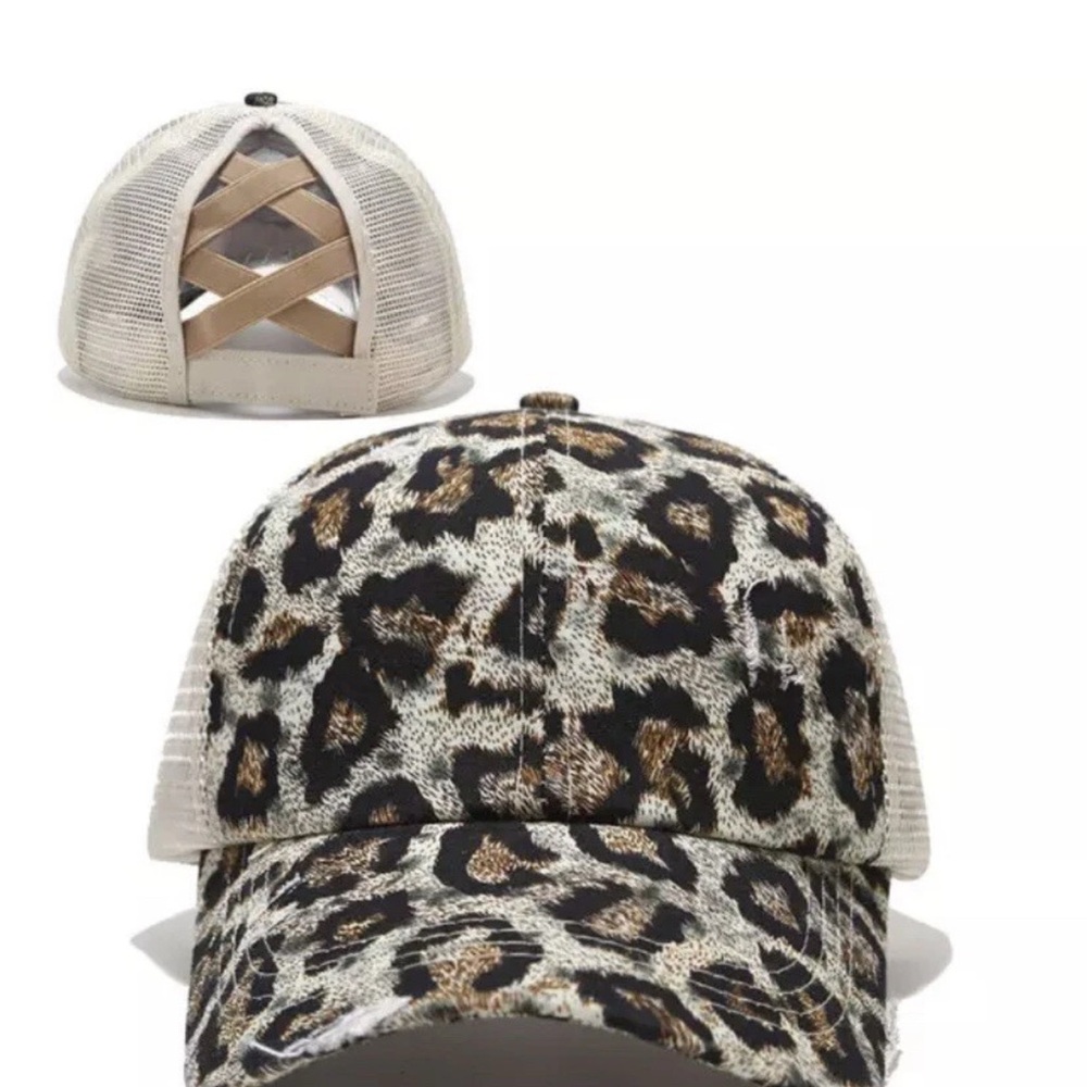 Leopard Print Criss Cross Ponytail Baseball Cap | Mesh Back Trucker Hat